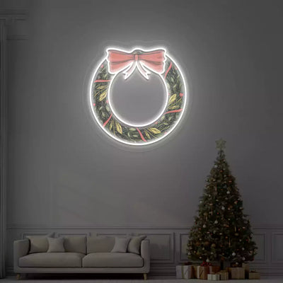 Holiday Wreath with Bow Neon Artwork | White