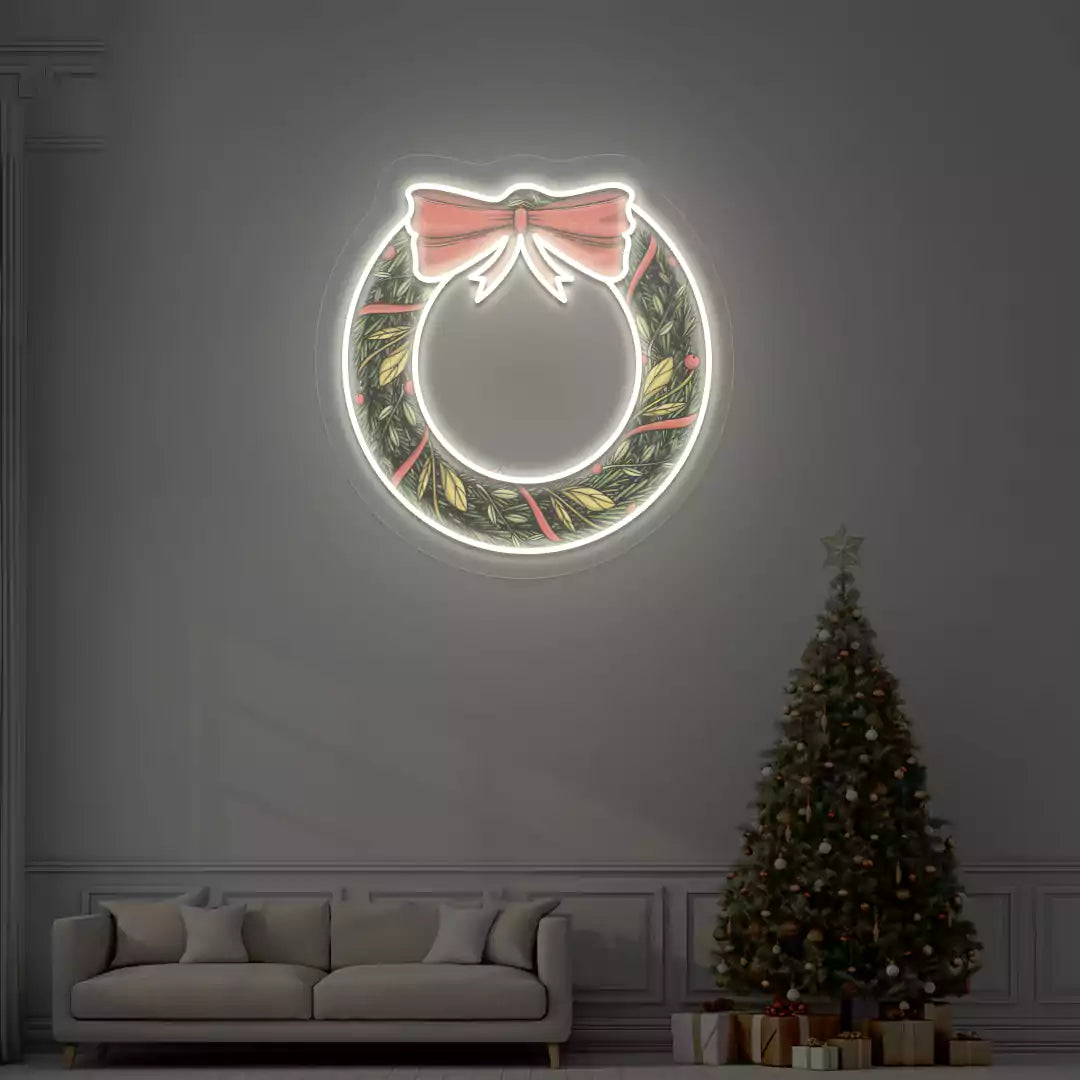 Holiday Wreath with Bow Neon Artwork | Warm white
