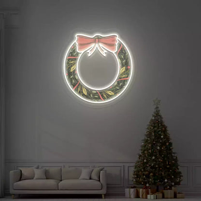 Holiday Wreath with Bow Neon Artwork | Warm white