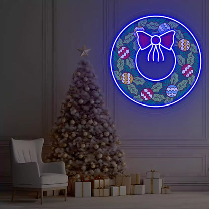 Festive Ornament Wreath Neon Artwork | Blue