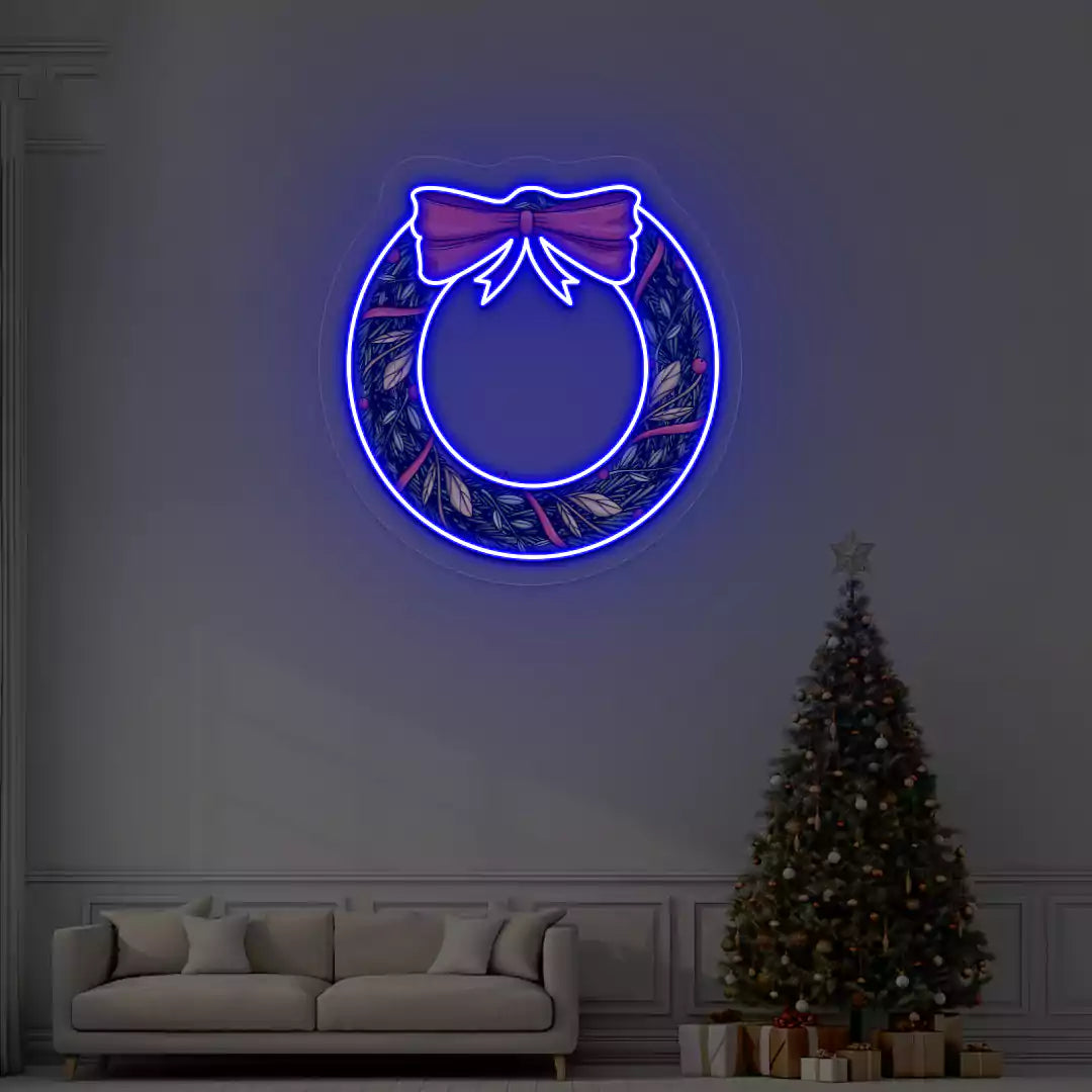 Holiday Wreath with Bow Neon Artwork | Blue