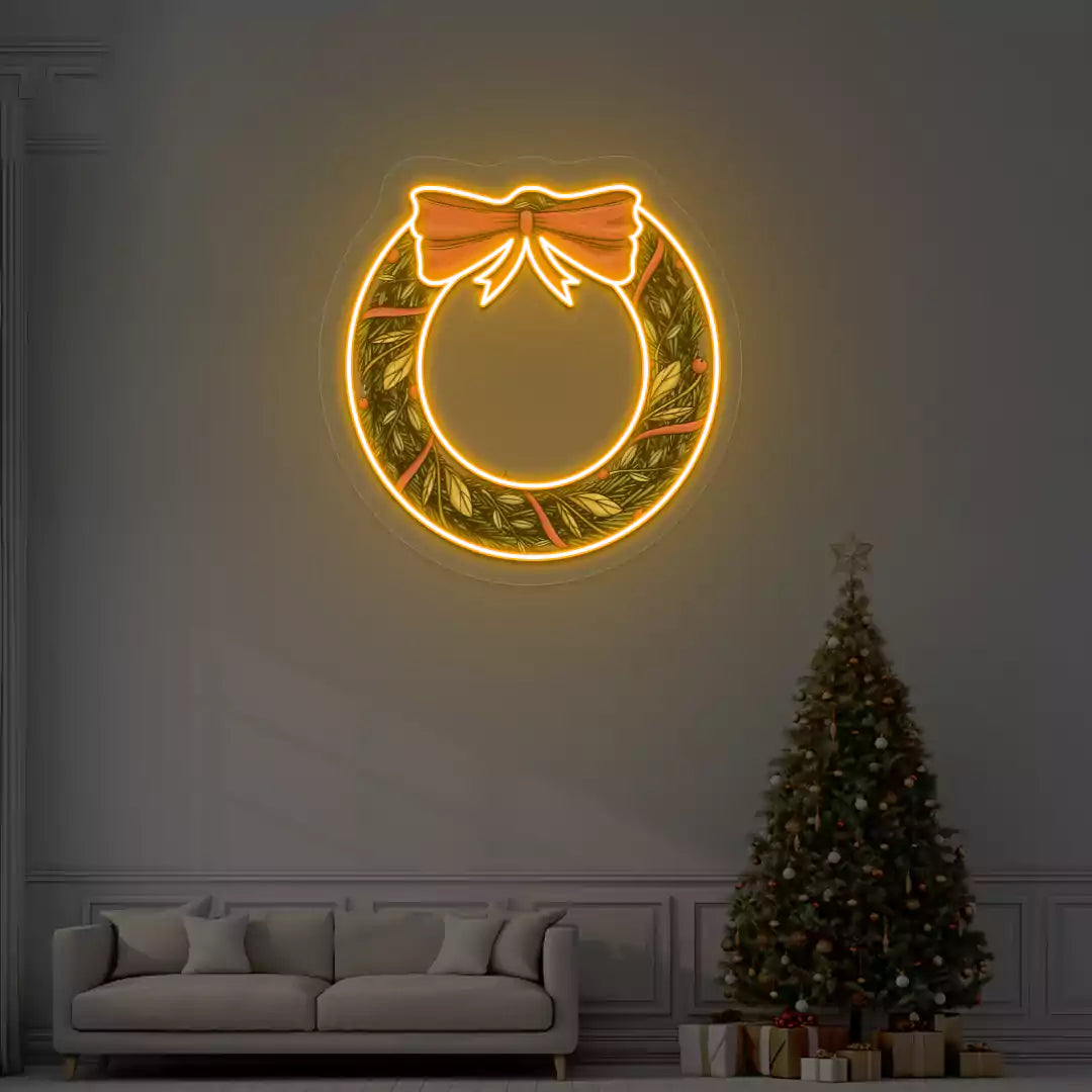 Holiday Wreath with Bow Neon Artwork | Orange