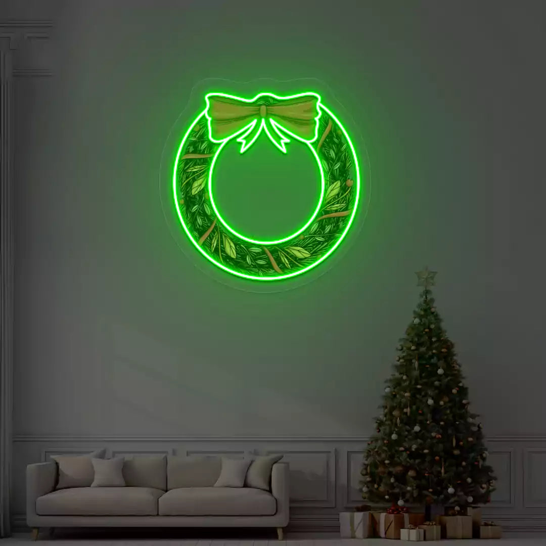 Holiday Wreath with Bow Neon Artwork | green