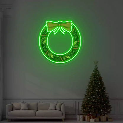 Holiday Wreath with Bow Neon Artwork | green