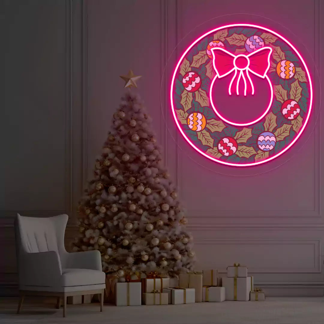 Festive Ornament Wreath Neon Artwork | Pink
