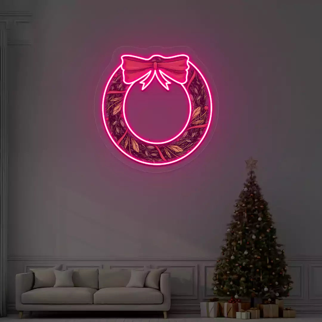 Holiday Wreath with Bow Neon Artwork | Pink