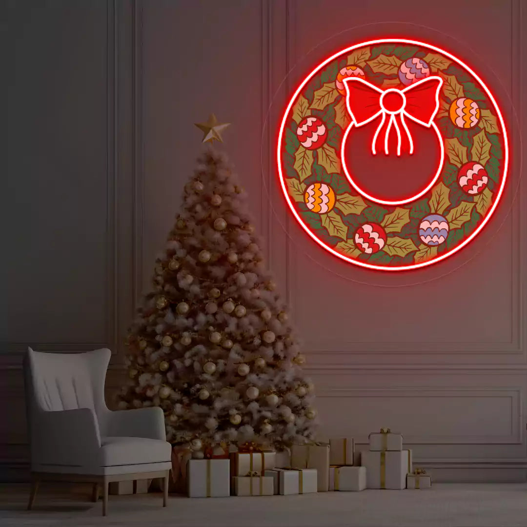 Festive Ornament Wreath Neon Artwork | Red