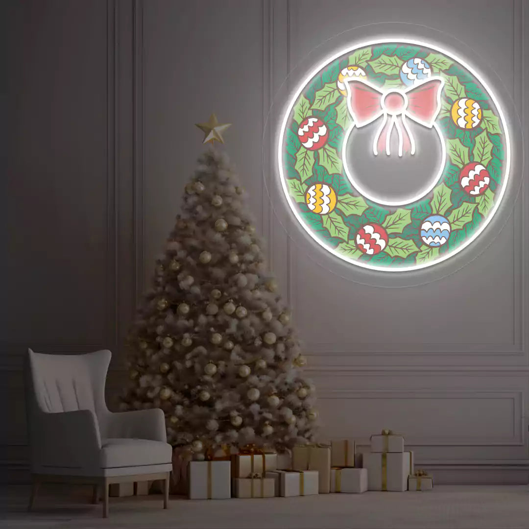 Festive Ornament Wreath Neon Artwork | White