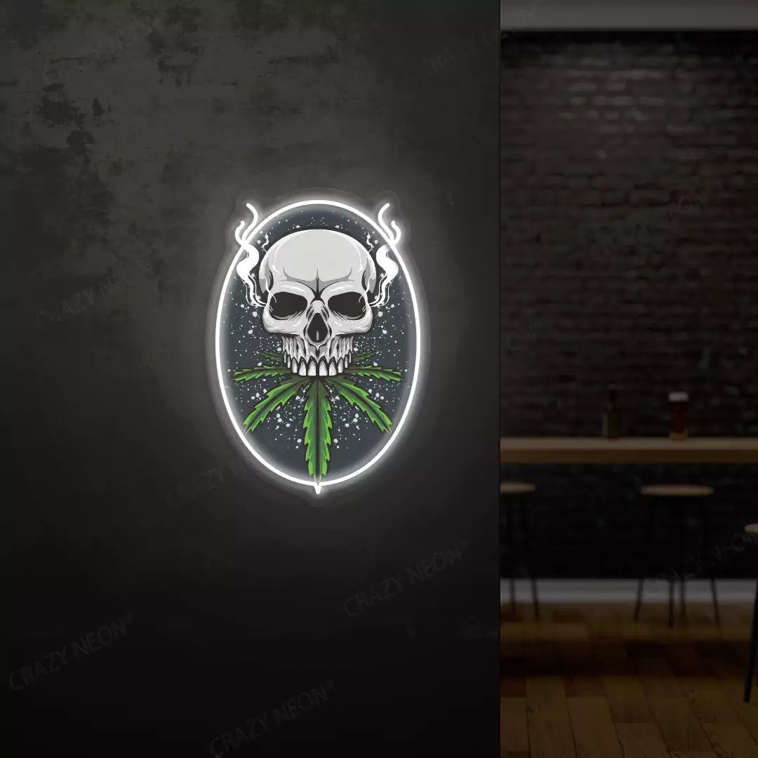 Skull Cannabis Neon Artwork in White Color
