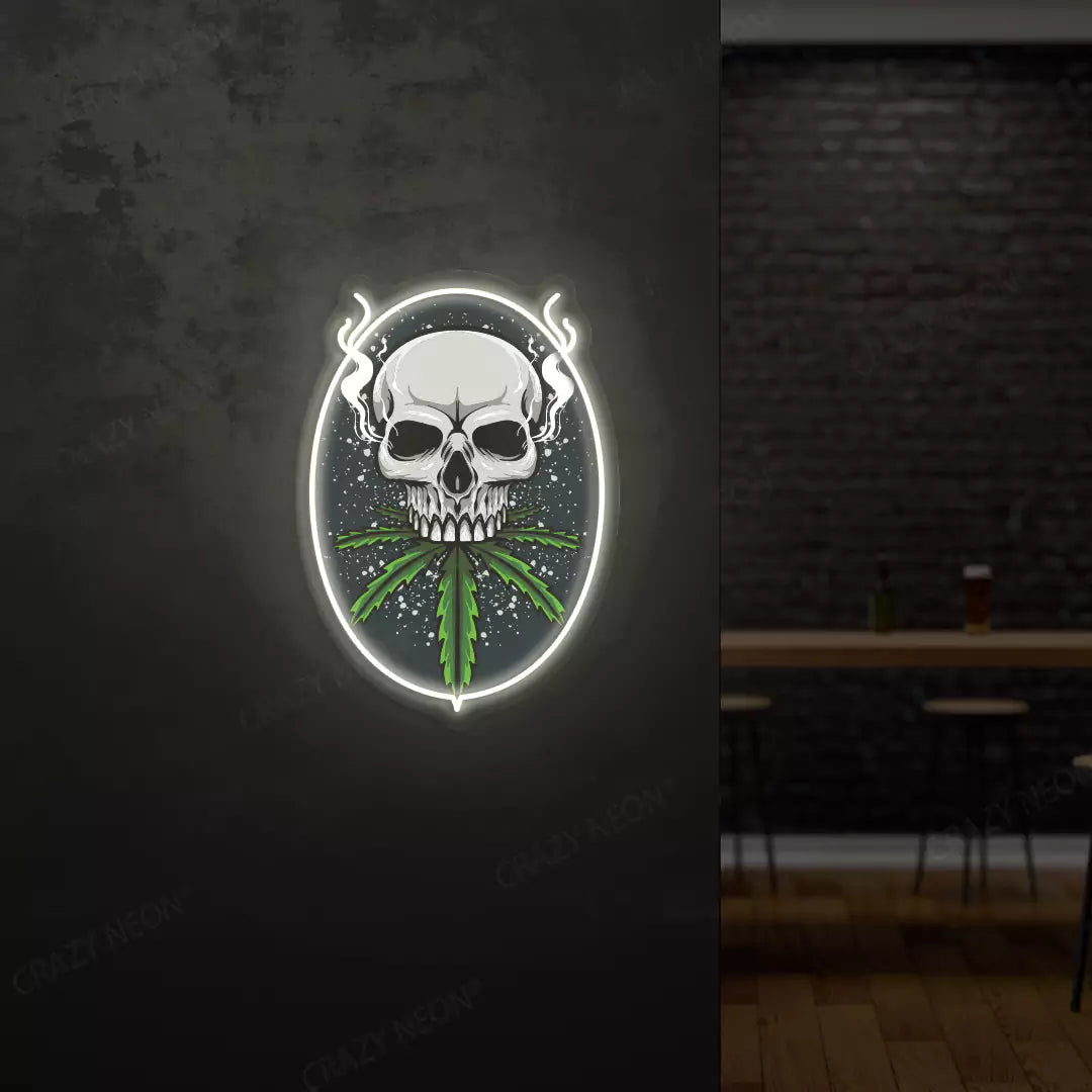 Skull Cannabis Neon Artwork in White Color