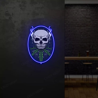Skull Cannabis Neon Artwork in blue color