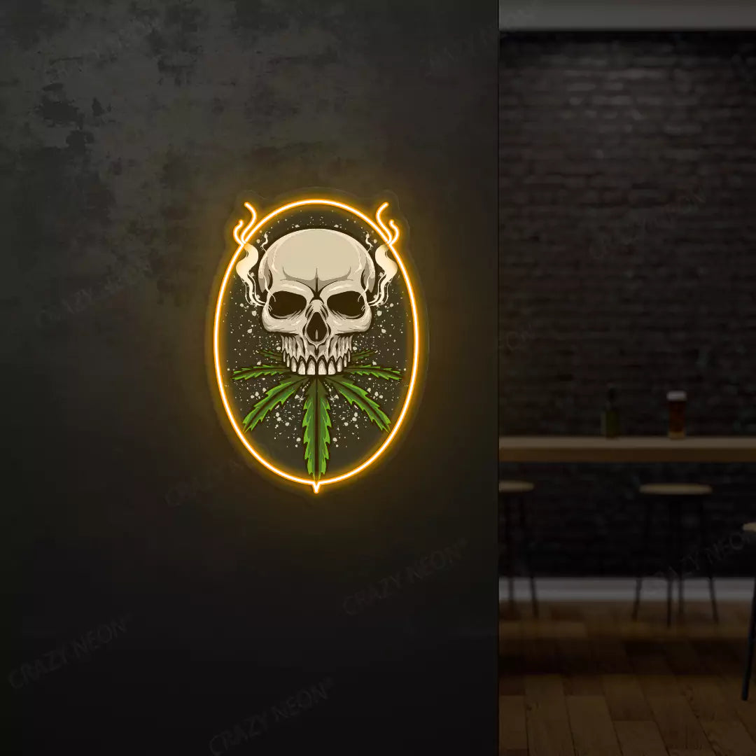 Skull Cannabis Neon Artwork in Orange Color