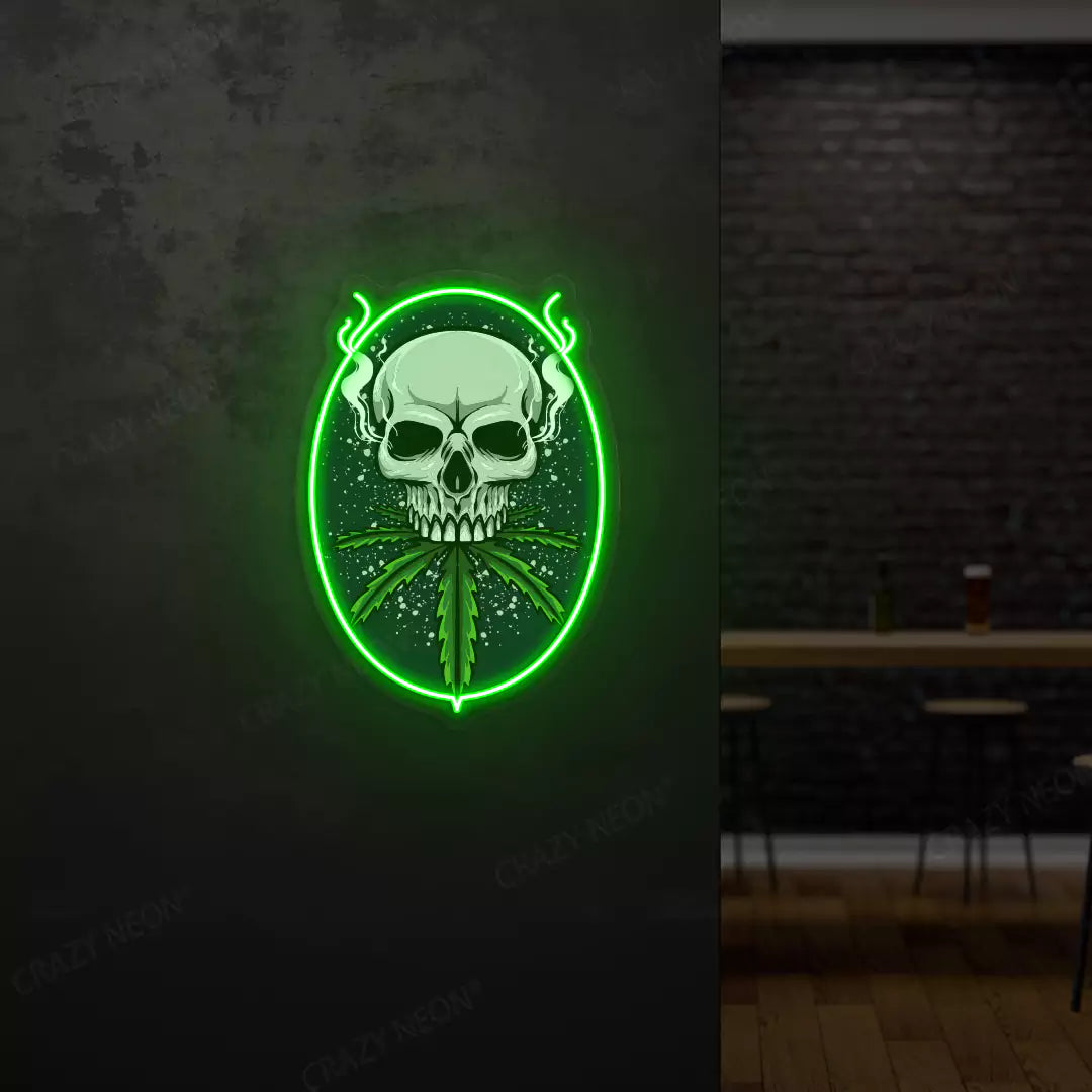 Skull Cannabis Neon Artwork in Green Color