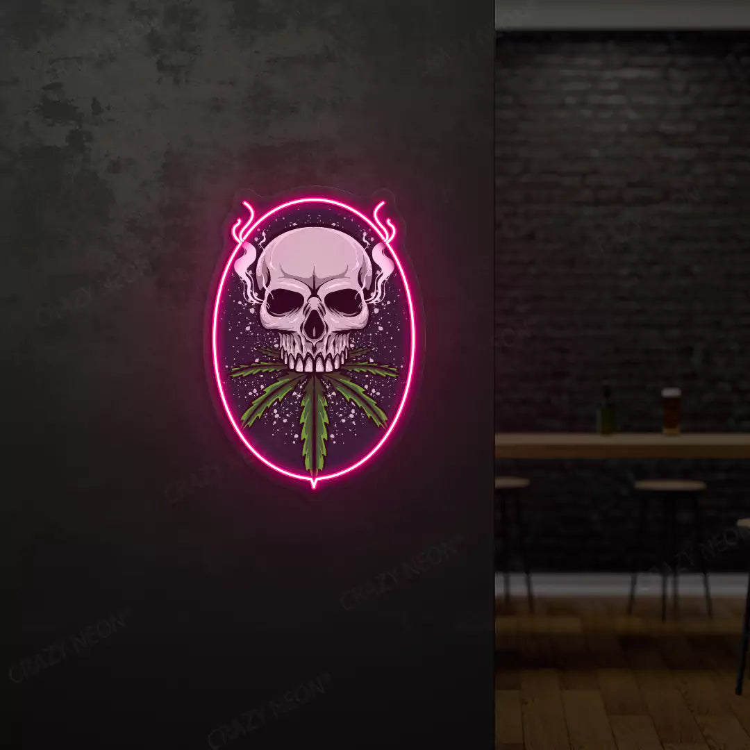 Skull Cannabis Neon Artwork in Pink Color