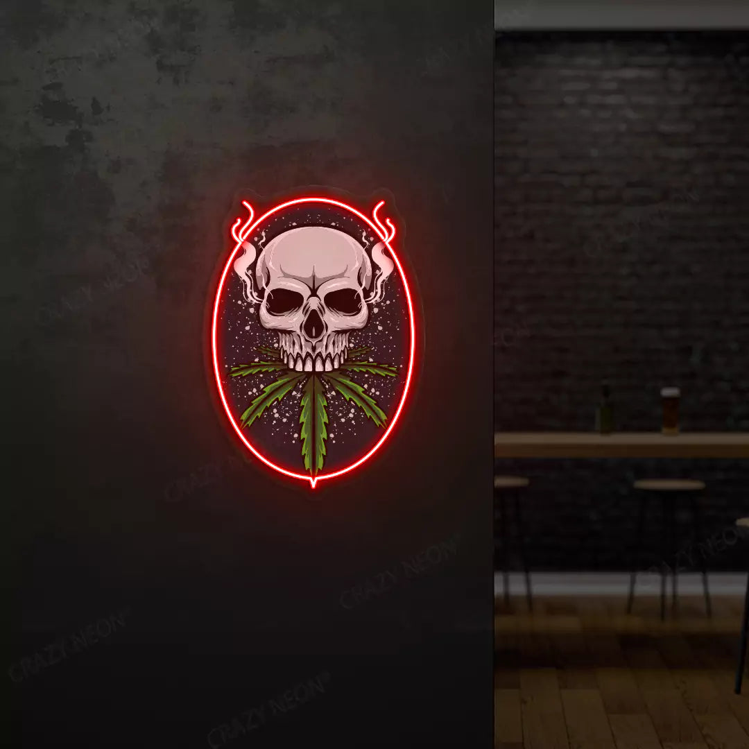 Skull Cannabis Neon Artwork in Red Color