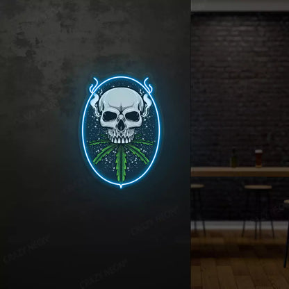 Skull Cannabis Neon Artwork in Iceblue color