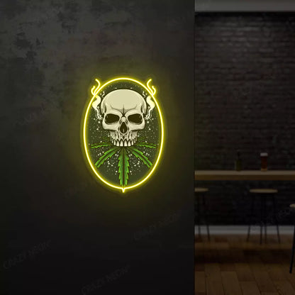 Skull Cannabis Neon Artwork in Yellow Color