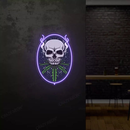 Skull Cannabis Neon Artwork in Purple Color