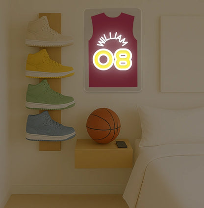 Miami basketball jersey neon sign with CALEB 08 in pink and blue, bedroom sneaker rack and basketball decor