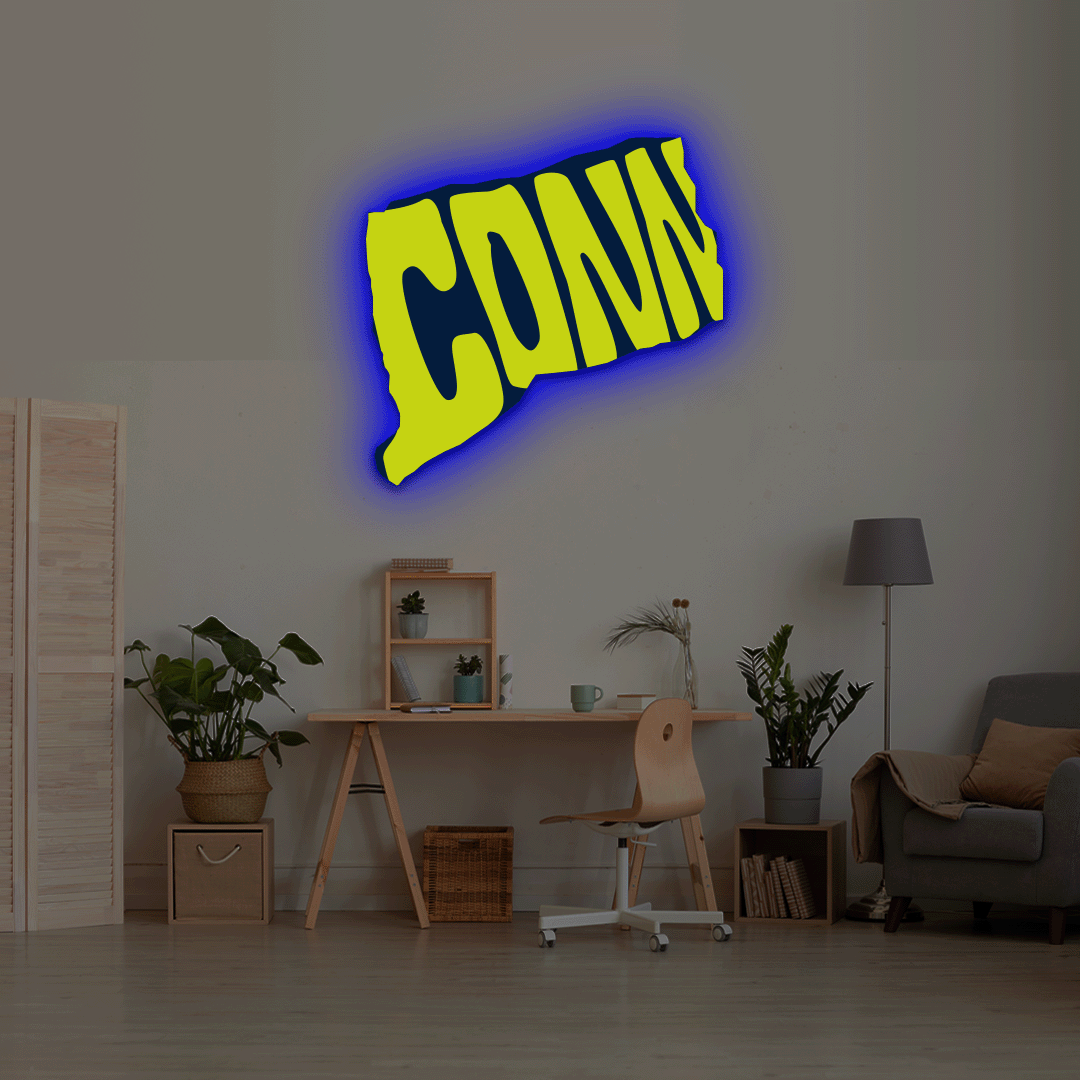 Connecticut map backlit metal wall art vinyl print with RGB color changing LED backlight
