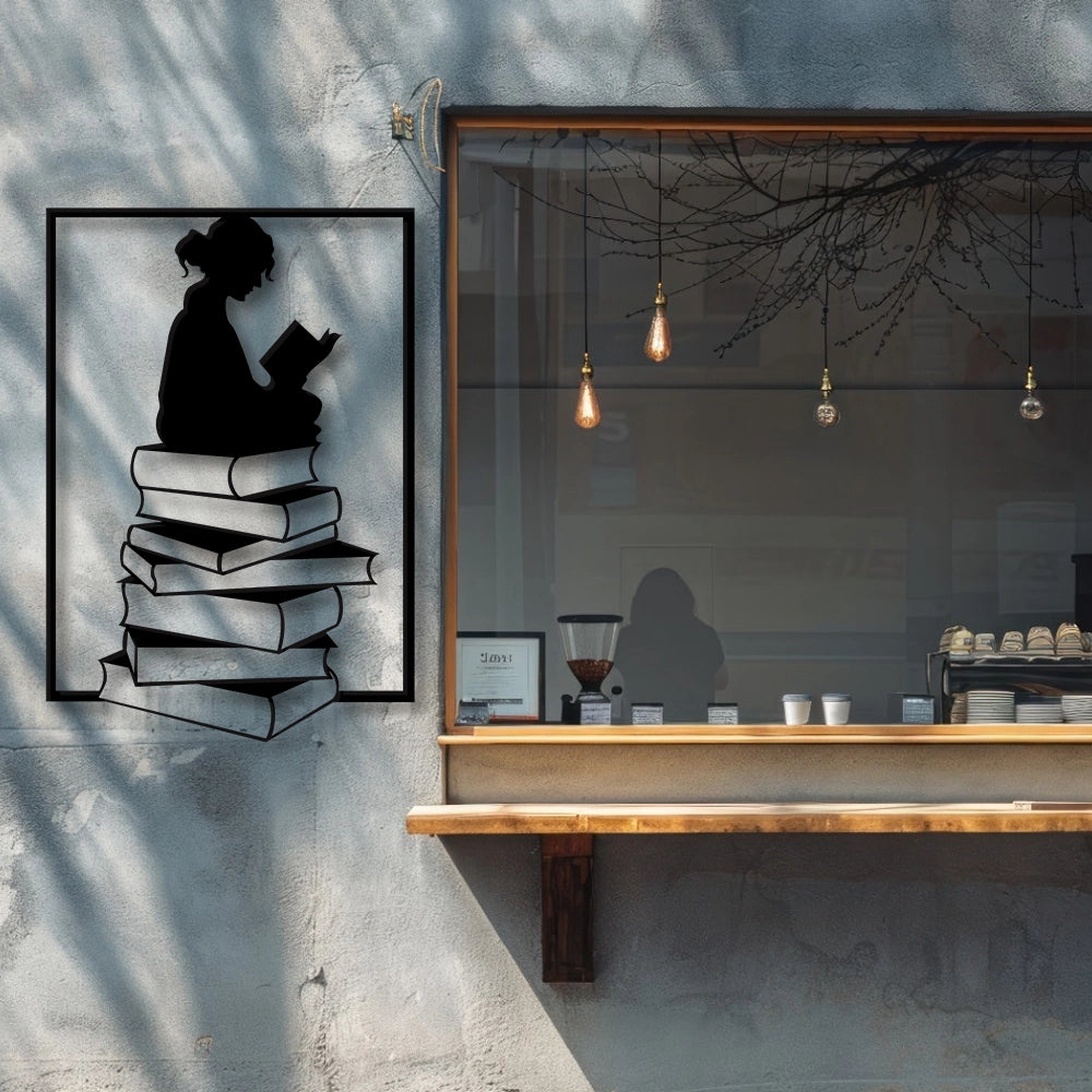 Girl Reading Books Metal Wall Art Sign