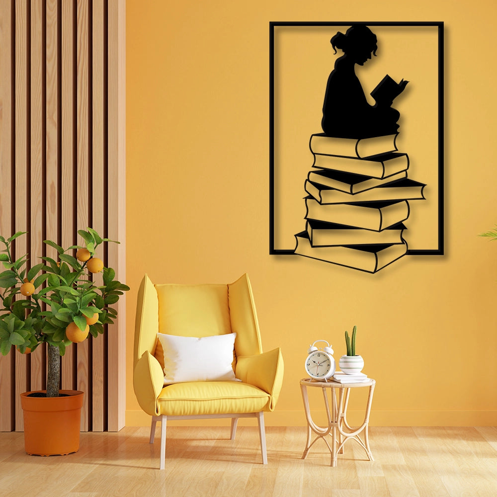 Girl Reading Books Metal Wall Art Sign