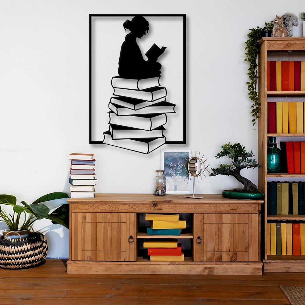 Girl Reading Books Metal Wall Art Sign