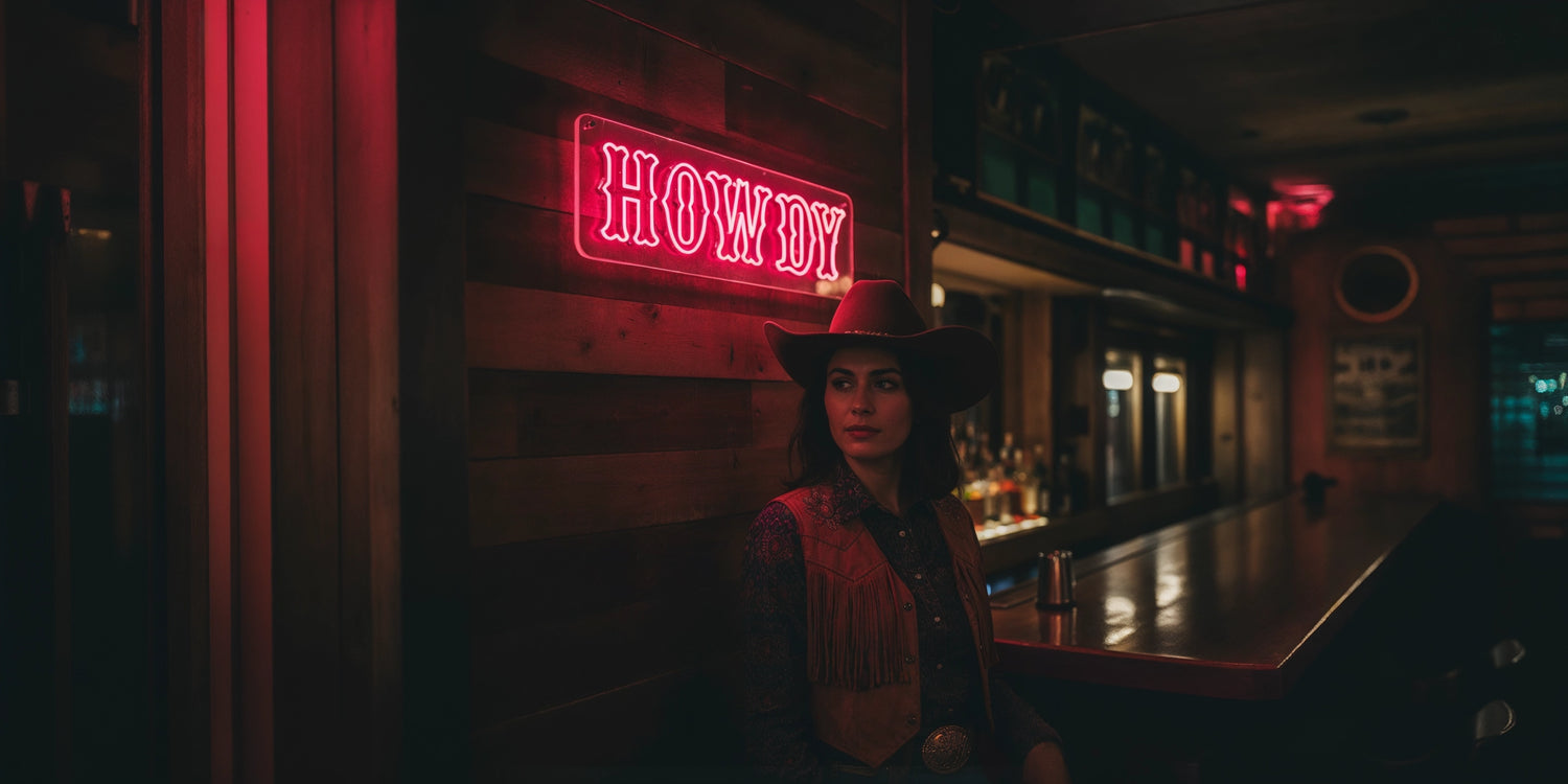 Woman in cowboy hat and western vest standing by wooden wall under red Howdy neon sign in rustic bar