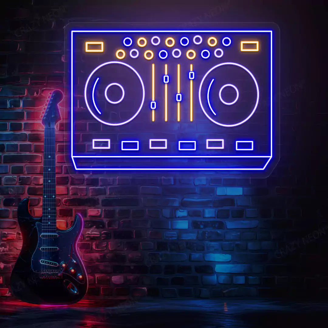 DJ Controller Neon Sign in Purple and orange colour mounted on wall 