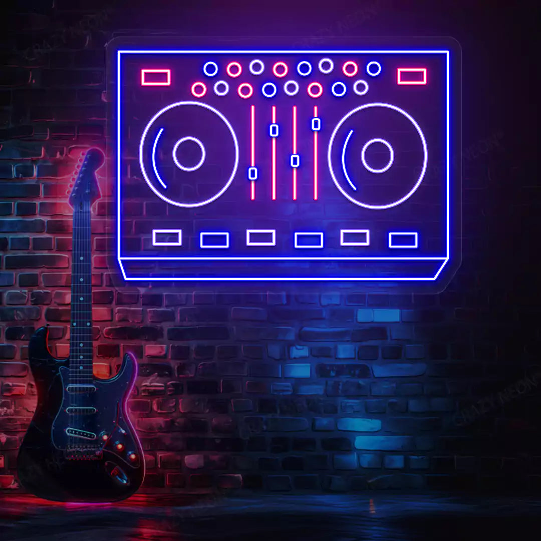 DJ Controller Neon Sign in Purple and pink colour mounted on wall 