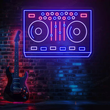 DJ Controller Neon Sign in Purple and pink colour mounted on wall 