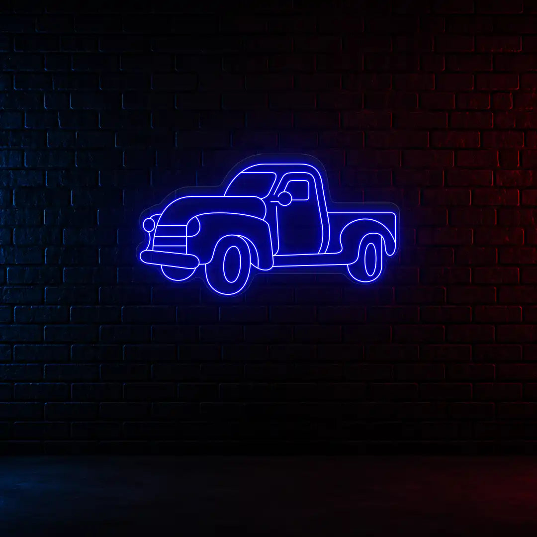 blue classic cruiser truck vintage neon sign mounted on a wall