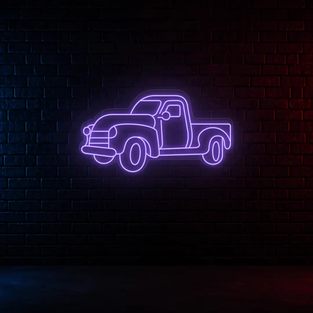 purple classic cruiser truck vintage neon sign mounted on a wall