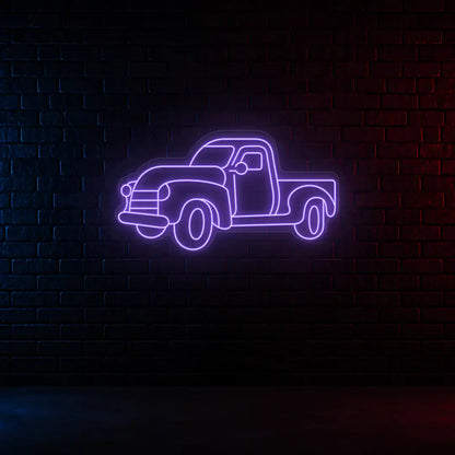 purple classic cruiser truck vintage neon sign mounted on a wall