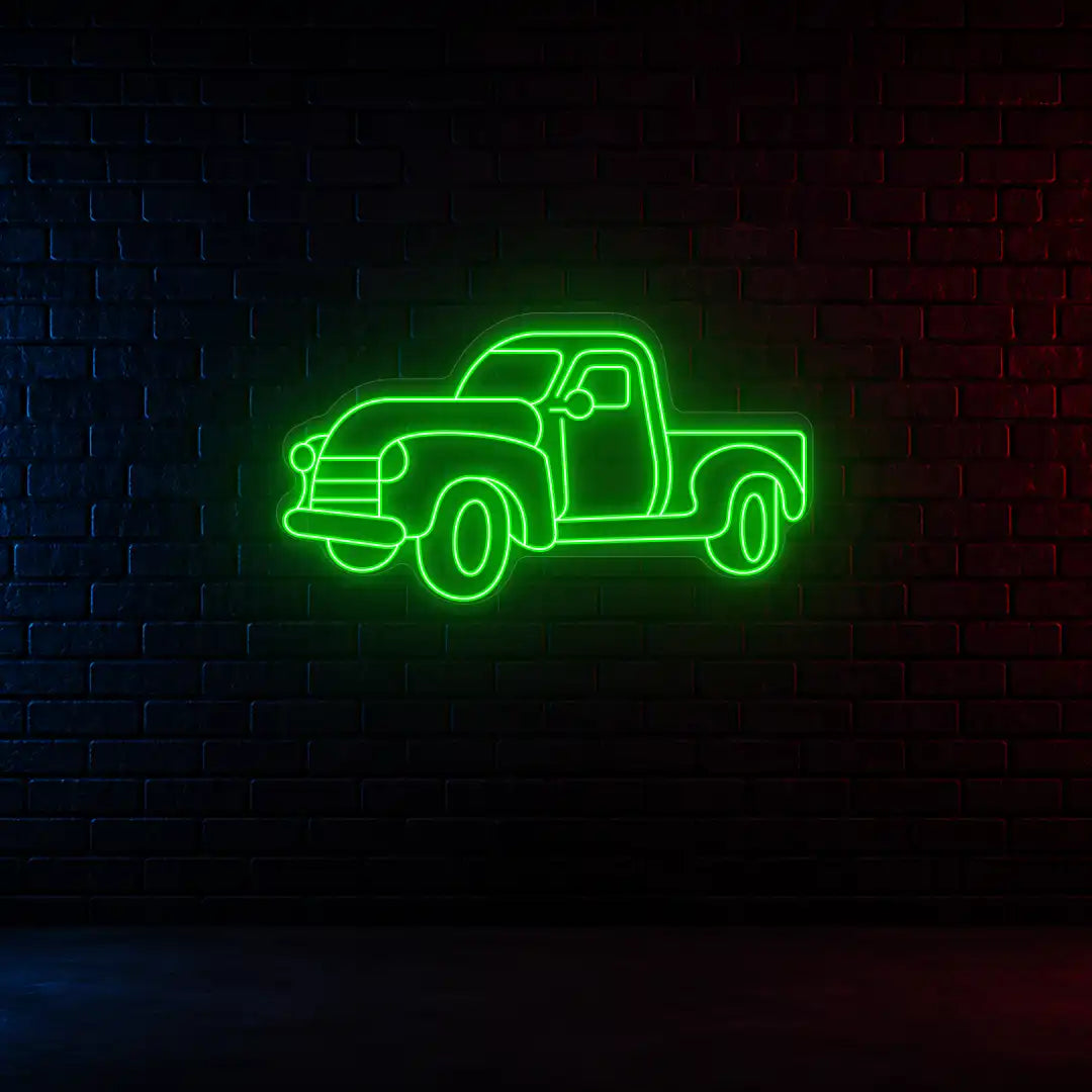 green classic cruiser truck vintage neon sign mounted on a wall
