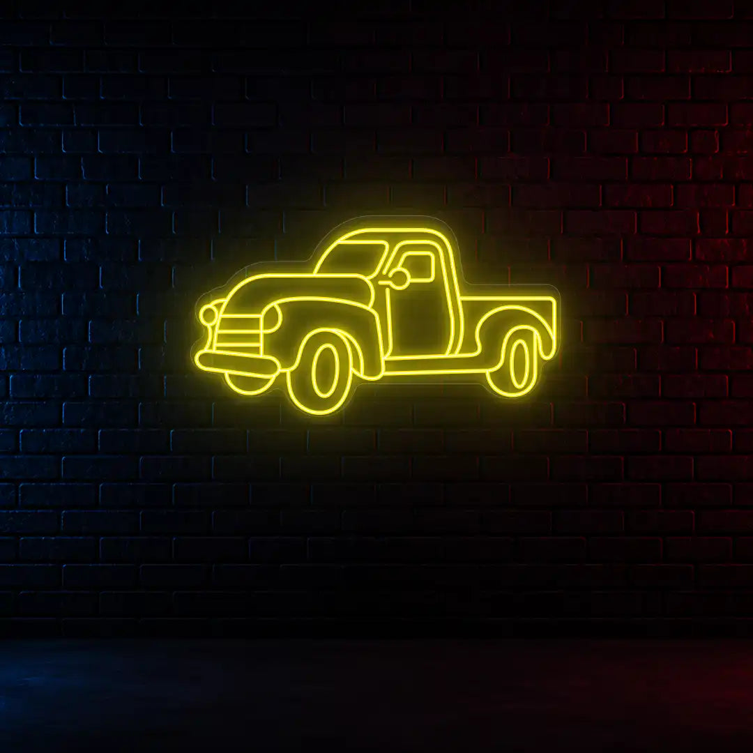 yellow classic cruiser truck vintage neon sign mounted on a wall