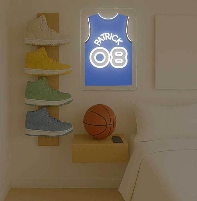 Atlanta basketball jersey neon sign with HUNTER 08 in yellow and red, bedroom decor with sneaker rack and basketball