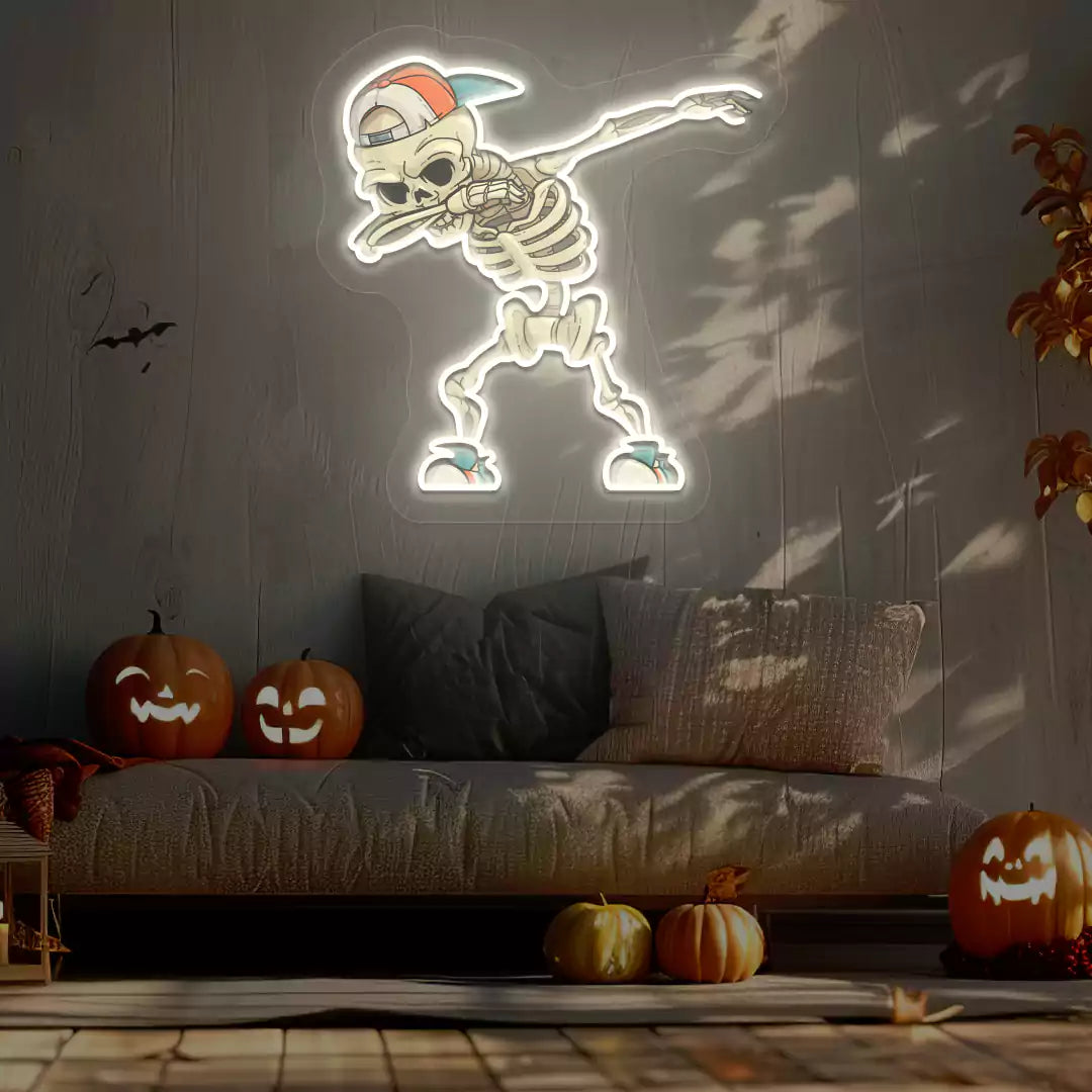 Dabbing Skeleton Neon Artwork | Warmwhite