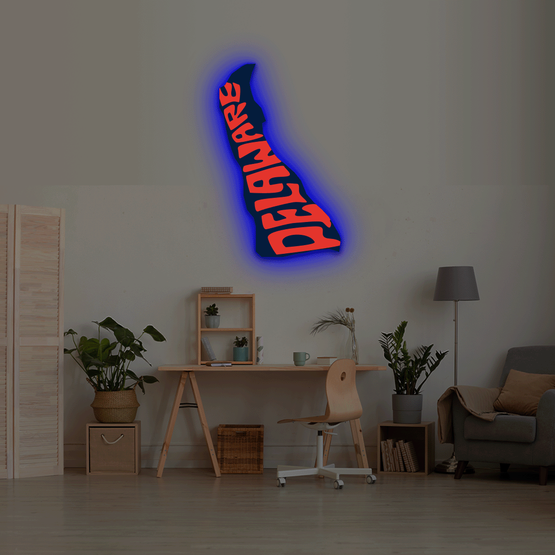 Delaware map backlit metal wall art vinyl print with RGB color changing LED backlight
