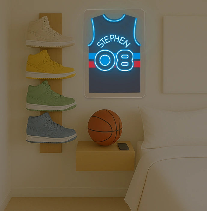 Detroit basketball jersey neon sign with STEPHEN 08 in blue and red, bedroom sneaker rack and basketball decor
