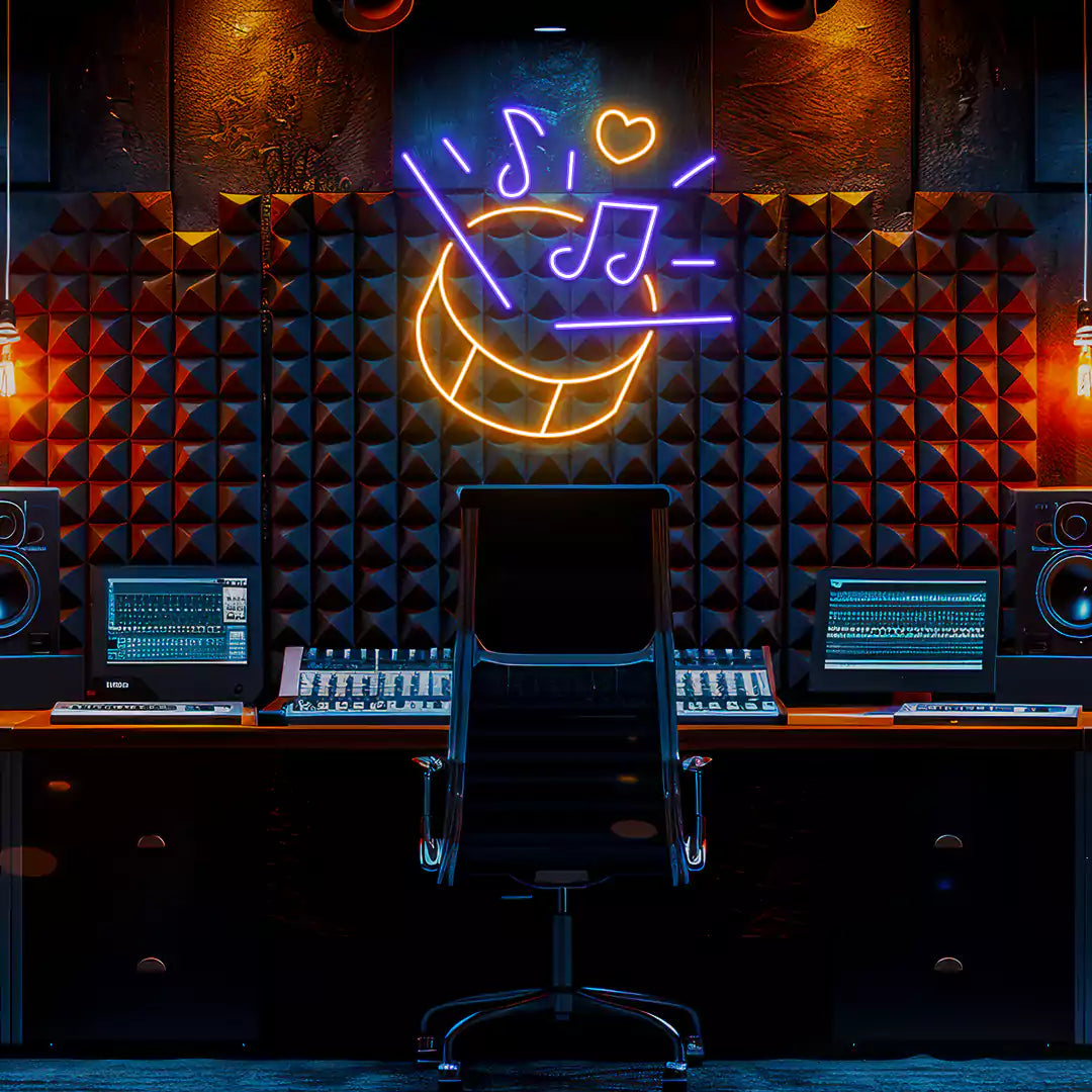 Drum Music Neon Sign in Orange and purple Colour mounted on Wall