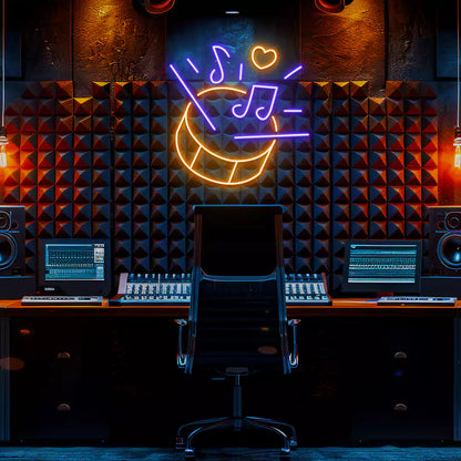 Drum Music Neon Sign in Orange and purple Colour mounted on Wall