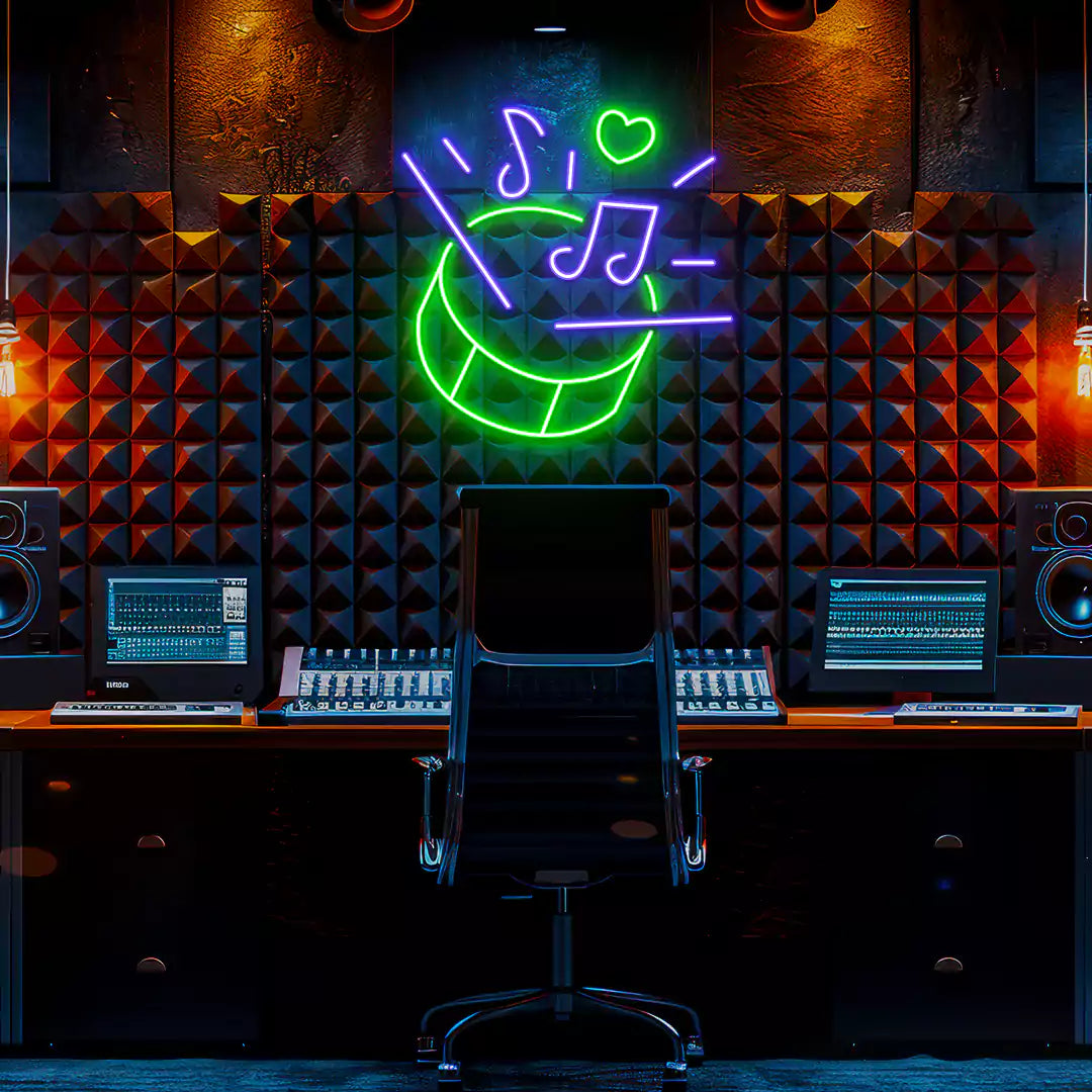 Drum Music Neon Sign in Green and purple Colour mounted on Wall