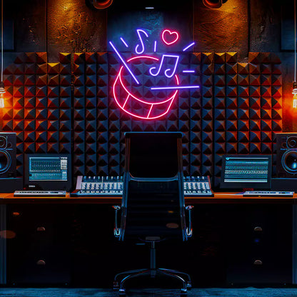 Drum Music Neon Sign in Pink and Purple Colour mounted on Wall