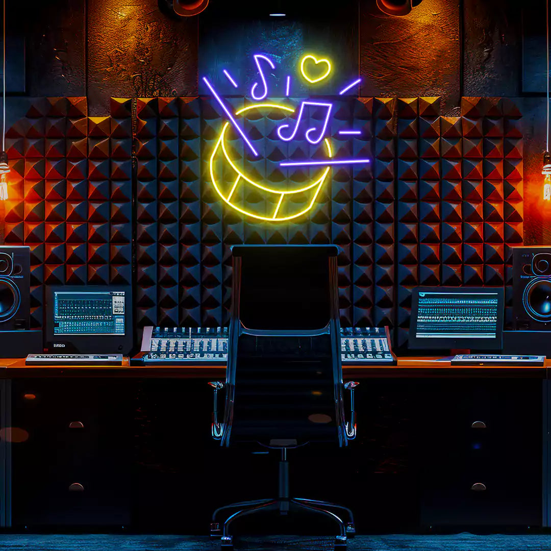 Drum Music Neon Sign in Yellow and Purple Colour mounted on Wall