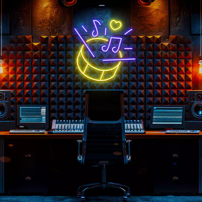 Drum Music Neon Sign in Yellow and Purple Colour mounted on Wall