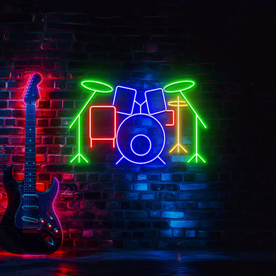 multi color drum set neon sign mounted on a wall