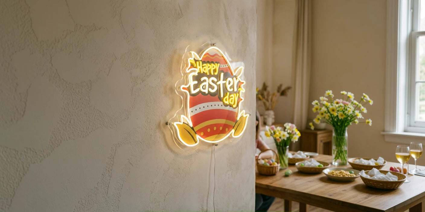 glowing yellow and orange Happy Easter egg shaped neon artwork on light wall near wooden dining table and Easter decor in cozy room