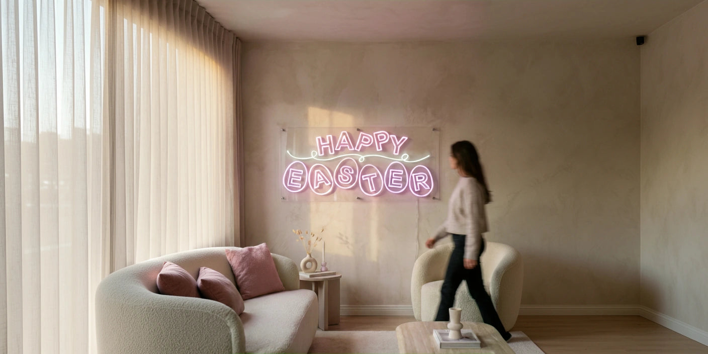 pink glowing Happy Easter neon sign with egg decoration mounted on beige wall in modern living room with sheer curtains woman in cream sweater black pants walking past curved cream sofa