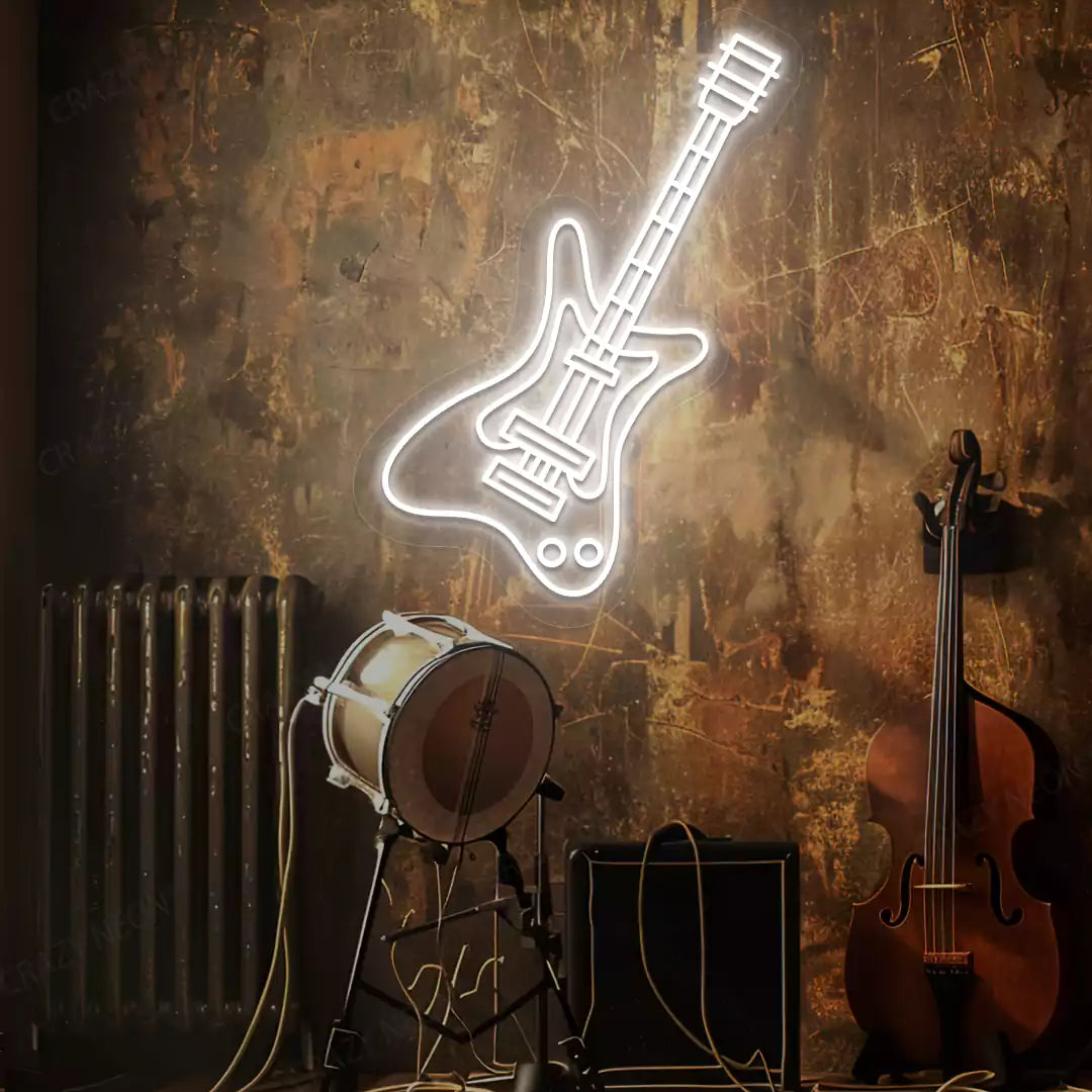 white rock guitar neon sign mounted on a wall